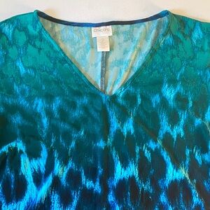 Chico's Teal and Blue Patterned V-Neck Dress Sz 2